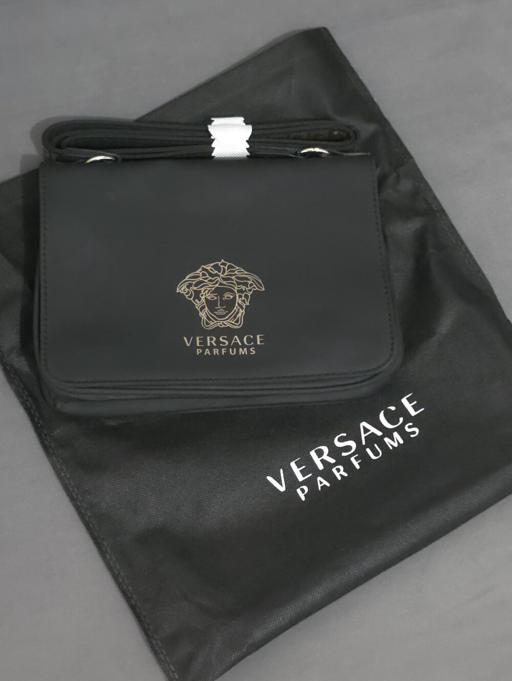 NWT Versace Parfums Black Mini Crossbody Bag Medusa Logo With Dust Bag